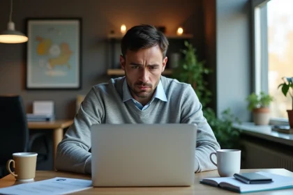 Homme frustré face à un problème de connexion sur le site Melouvert Orléans Tours depuis son ordinateur portable