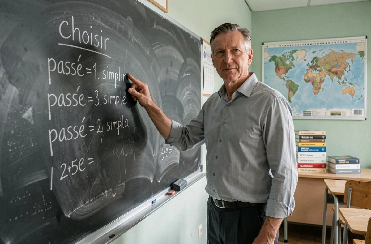 Professeur de français écrivant la conjugaison du passé simple de choisir au tableau
