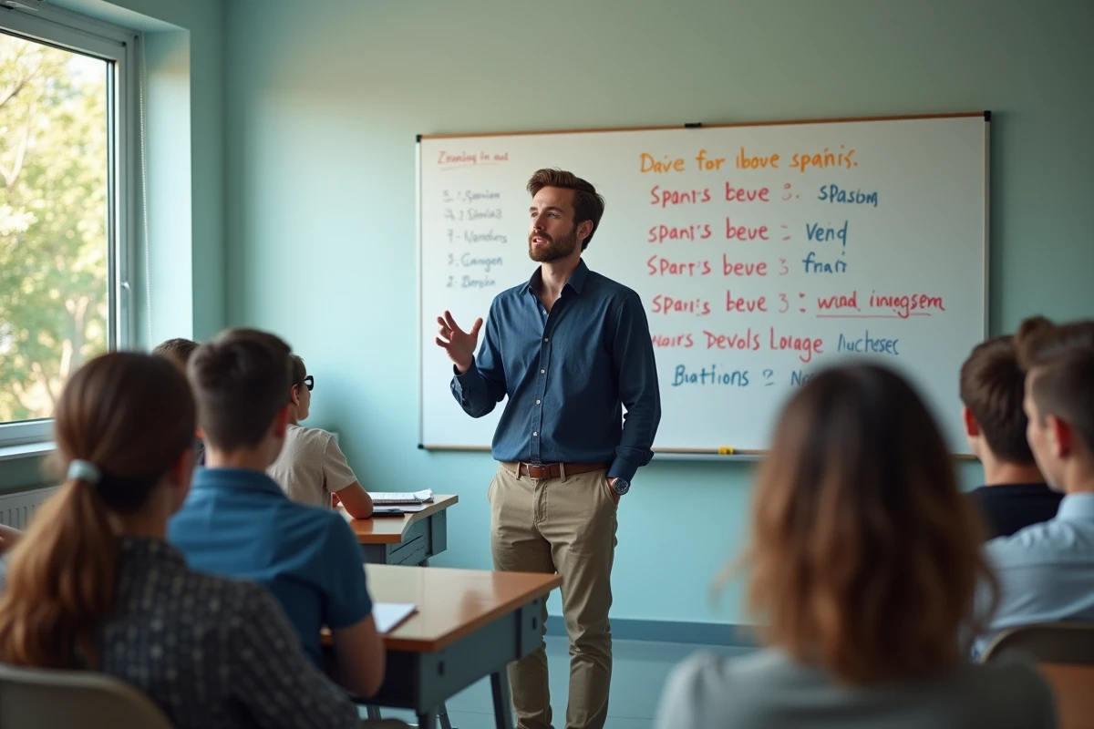Professeur expliquant des conjugaisons espagnoles en classe