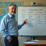 Professeur d'espagnol devant tableau conjugaison en classe