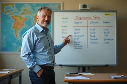 Professeur d'espagnol devant tableau conjugaison en classe