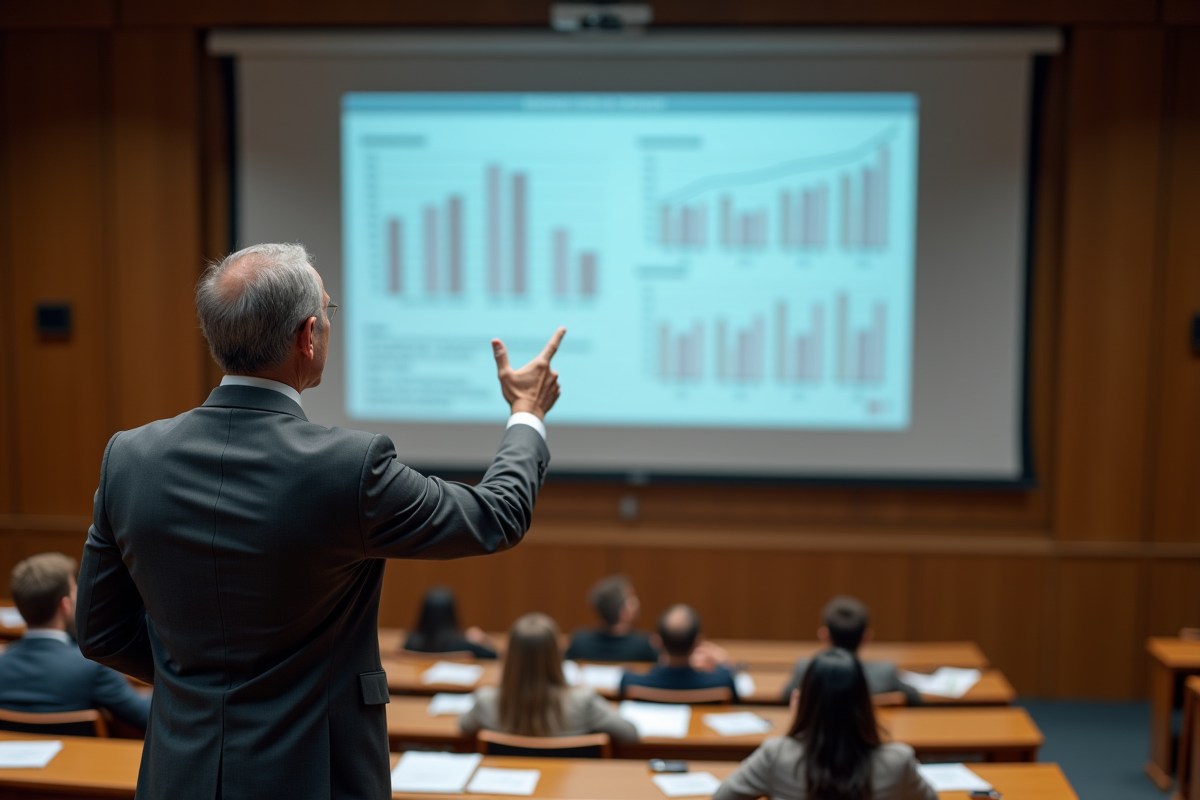 Professeur en costume gris donnant une conférence à des étudiants