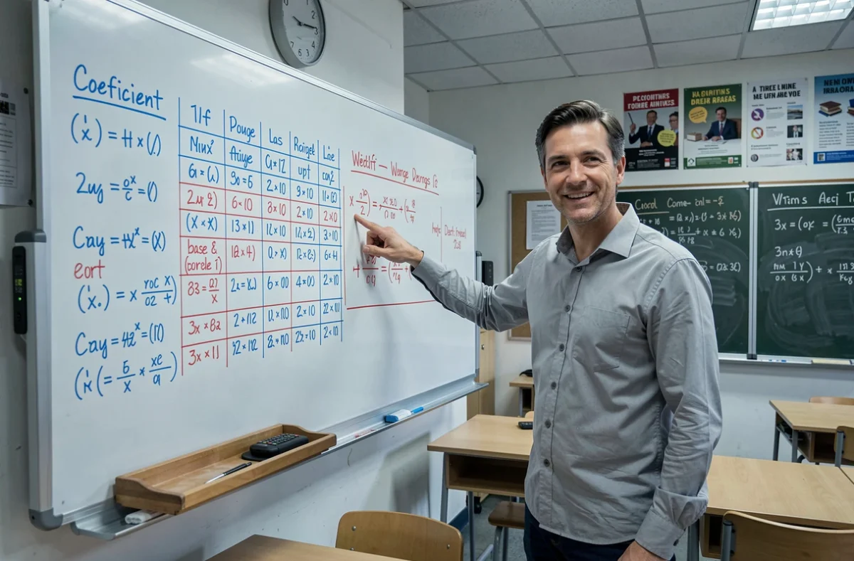 Professeur expliquant le calcul de moyenne avec coefficients au tableau dans une salle de classe