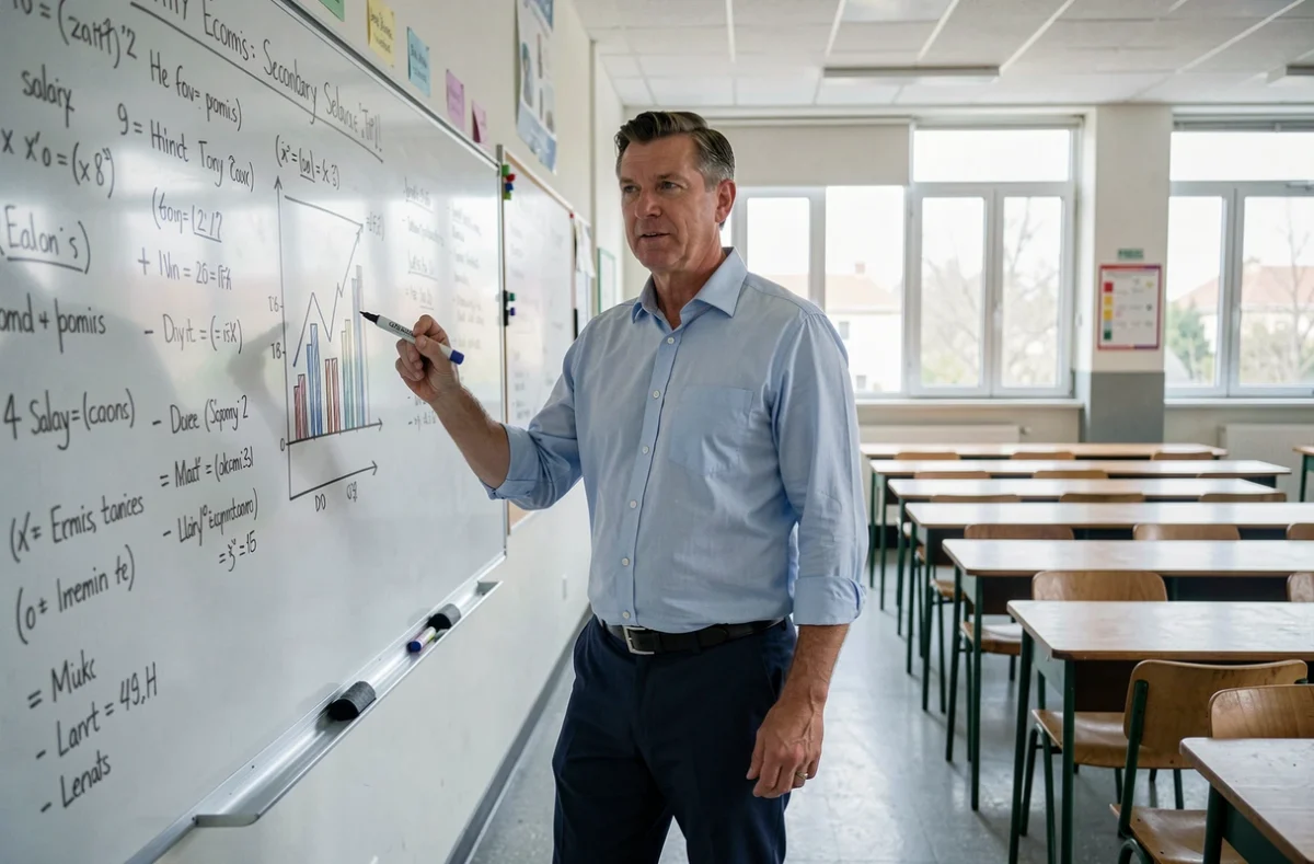 Professeur titulaire debout devant un tableau avec un graphique comparatif des salaires dans une salle de classe