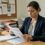 Professeure contractuelle examinant sa fiche de paie dans une salle des professeurs d'école