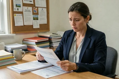 Professeure contractuelle examinant sa fiche de paie dans une salle des professeurs d'école