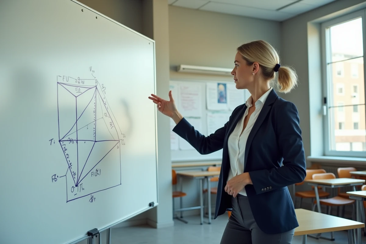 Professeure expliquant la formule de volume d'une pyramide triangulaire devant un tableau blanc dans une salle de classe moderne