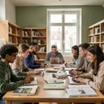 Des élèves et professeurs particuliers réunis dans une bibliothèque moderne du Val-de-Marne pour des séances de soutien scolaire