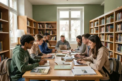 Des élèves et professeurs particuliers réunis dans une bibliothèque moderne du Val-de-Marne pour des séances de soutien scolaire