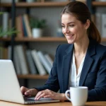Professionnelle trentenaire planifiant sa carrière 2026 sur une plateforme de mentorat en ligne depuis son bureau moderne