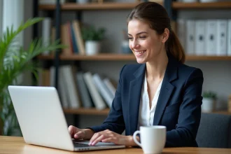 Professionnelle trentenaire planifiant sa carrière 2026 sur une plateforme de mentorat en ligne depuis son bureau moderne