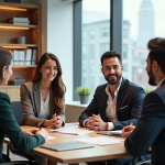 Quatre professionnels en réunion dans un bureau moderne