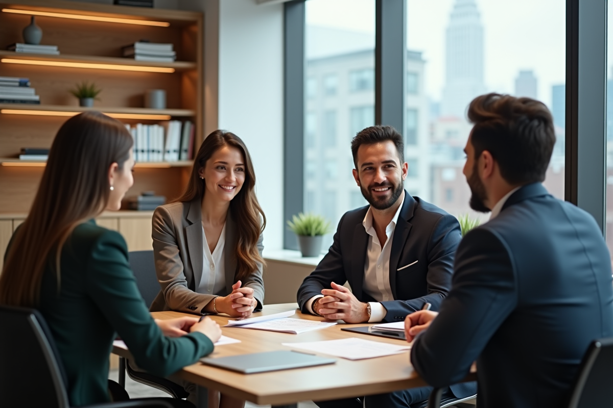 Quatre professionnels en réunion dans un bureau moderne