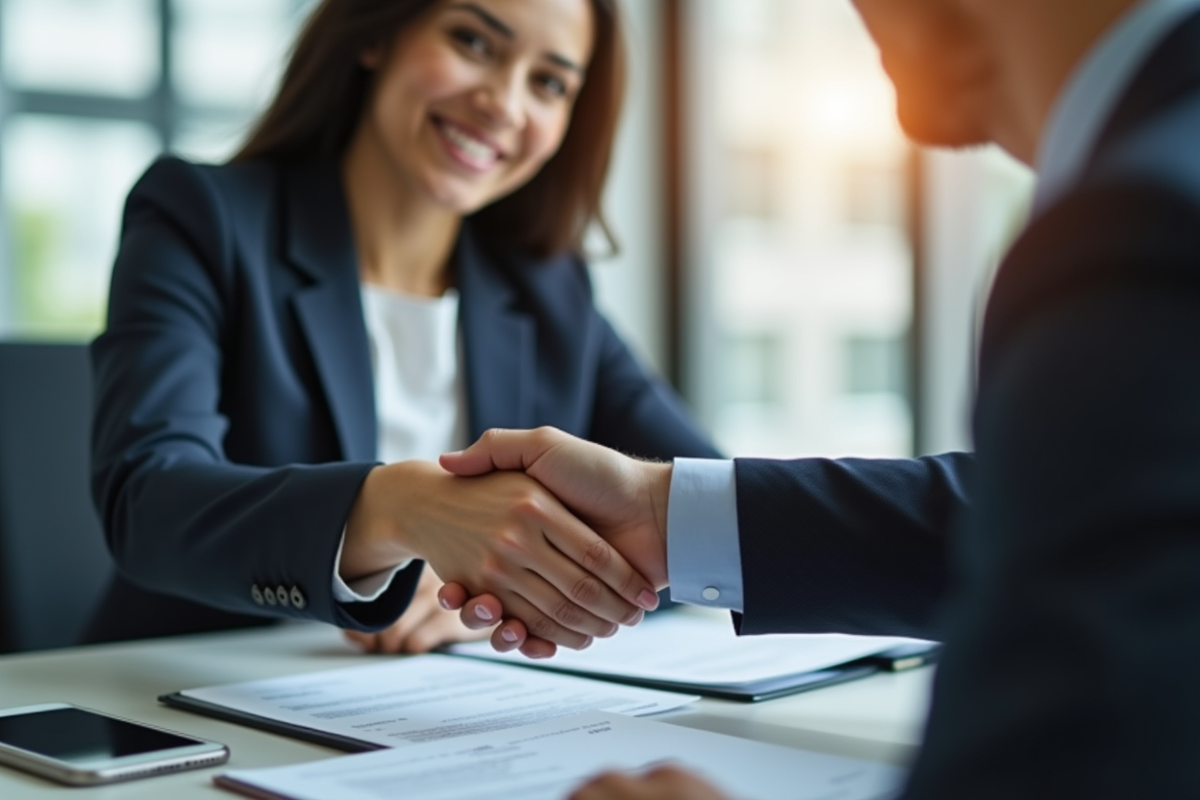 Jeune stagiaire recevant un contrat signé par un superviseur