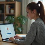Jeune femme devant son ordinateur portable essayant de récupérer son mot de passe perdu sur un portail scolaire