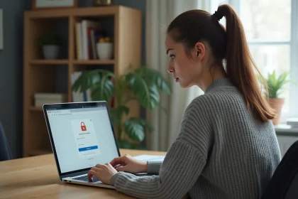 Jeune femme devant son ordinateur portable essayant de récupérer son mot de passe perdu sur un portail scolaire