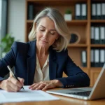 Femme professionnelle rédigeant une lettre de recommandation pour un employé dans un bureau moderne