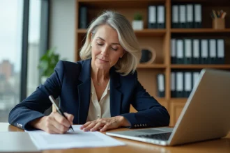 Femme professionnelle rédigeant une lettre de recommandation pour un employé dans un bureau moderne