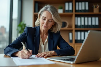 Femme professionnelle rédigeant une lettre de recommandation pour un employé dans un bureau moderne