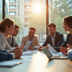 Réunion de bureau moderne avec professionnels divers