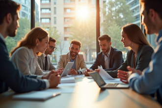 Réunion de bureau moderne avec professionnels divers