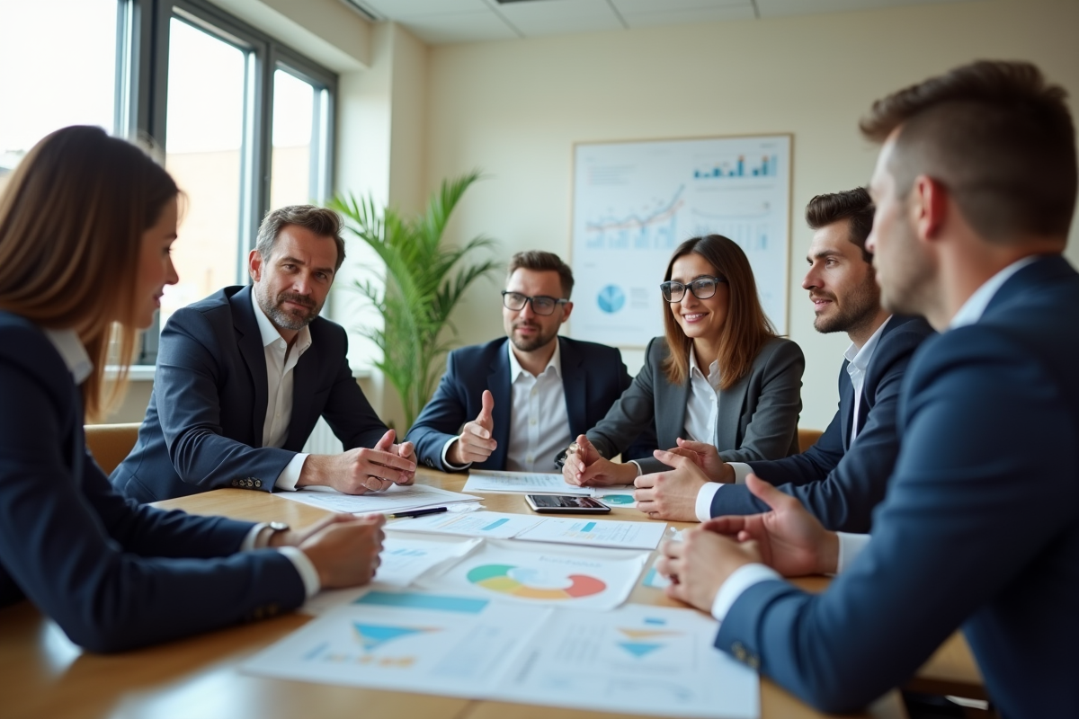 Groupe de professionnels en discussion dans une salle lumineuse