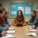Parents réunis autour d'une table en réunion scolaire