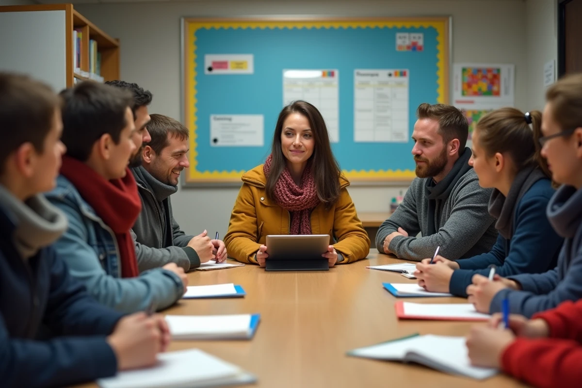 Parents réunis autour d'une table en réunion scolaire
