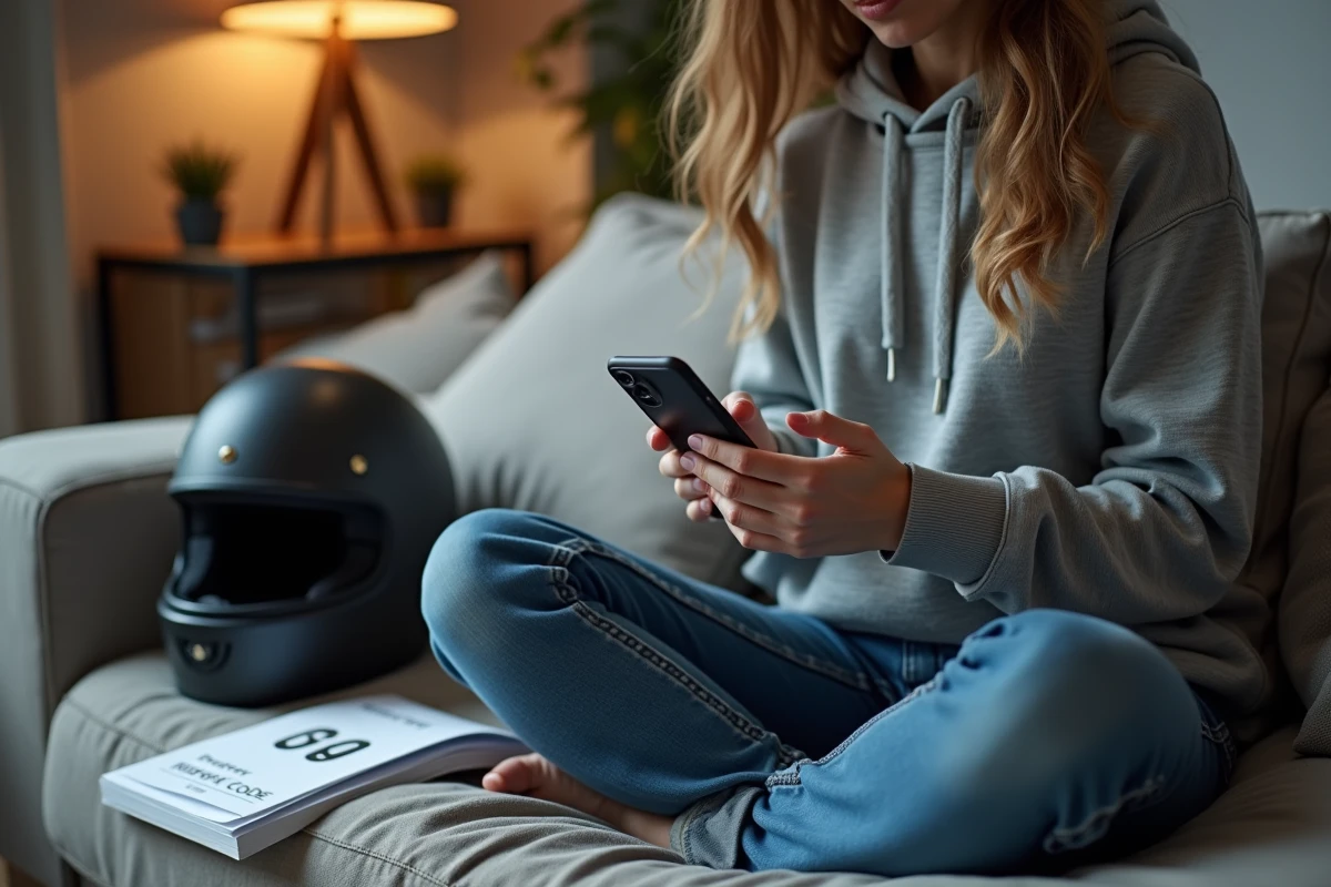 Femme se préparant à l'examen du code de la route moto sur son smartphone dans un salon avec casque et manuel
