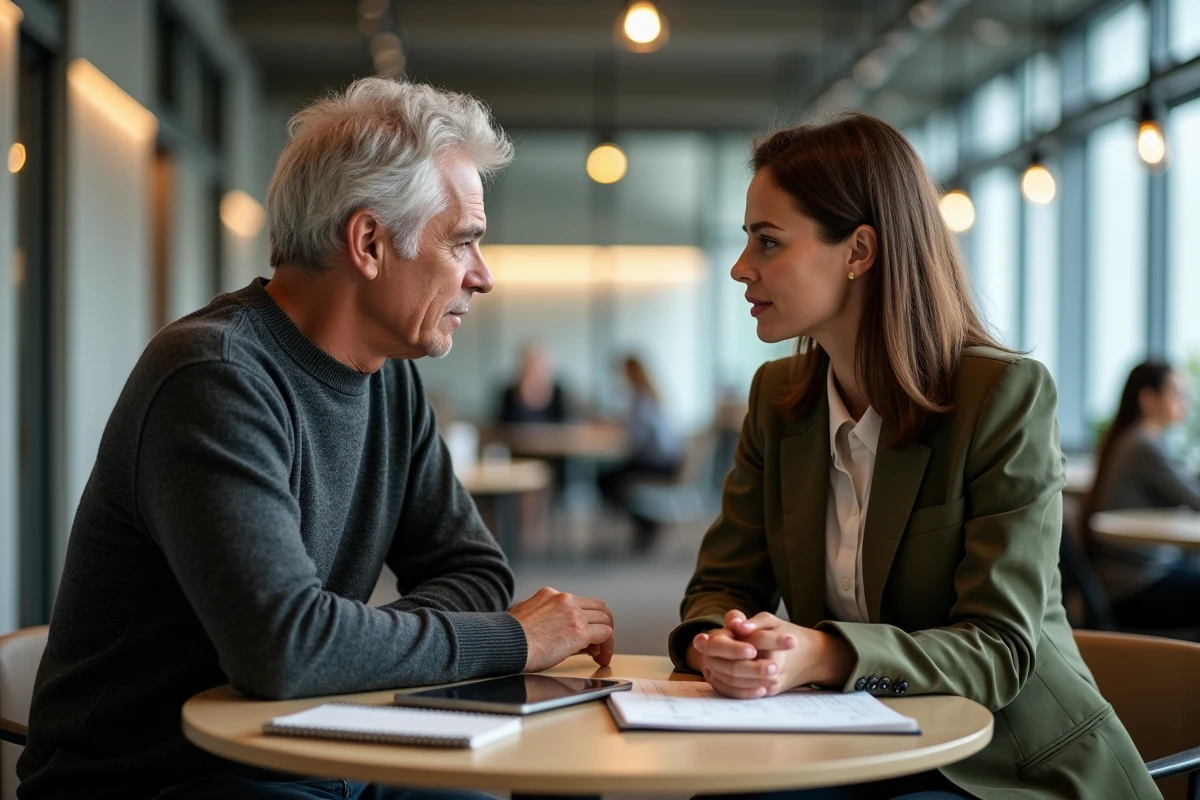 Séance de mentorat entre un mentor expérimenté et une jeune professionnelle dans un espace de coworking contemporain