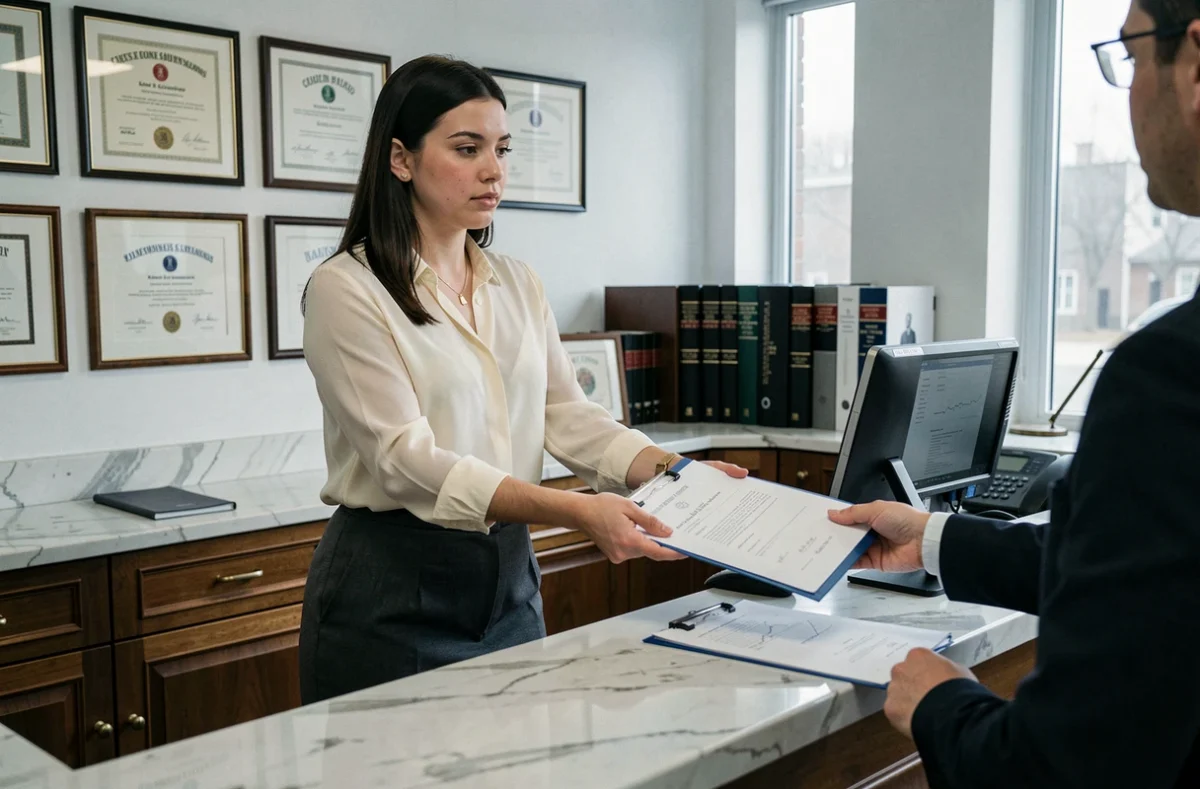Jeune secrétaire juridique au comptoir d'accueil d'un cabinet d'avocats transmettant un dossier juridique