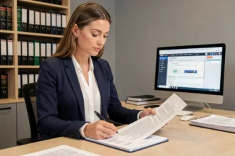 Secrétaire juridique professionnelle examinant des documents légaux dans un bureau de cabinet d'avocats moderne