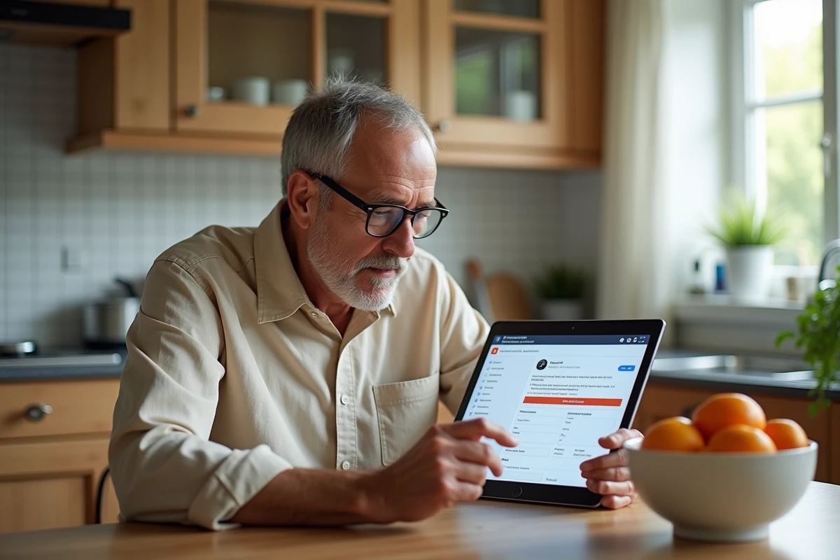 Homme cherchant une solution à un problème de connexion Melouvert depuis une tablette dans une cuisine à domicile