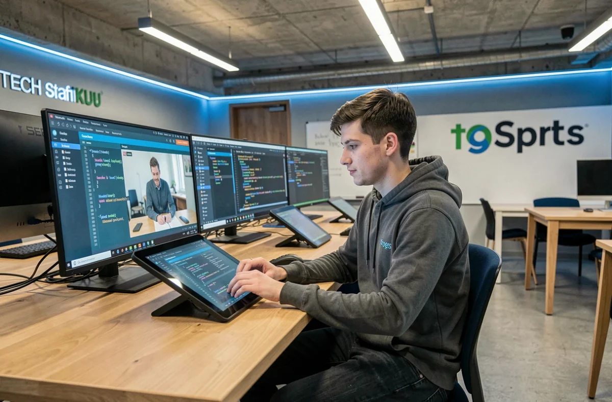 Étudiant en formation numérique travaillant sur des interfaces digitales au Sophia Ynov Campus à Sophia Antipolis
