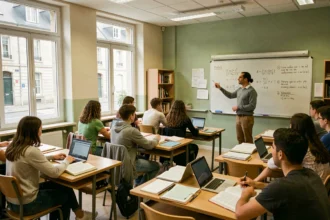 Salle de soutien scolaire dans les Pays de la Loire avec des élèves travaillant sous la supervision d'un tuteur devant un tableau blanc