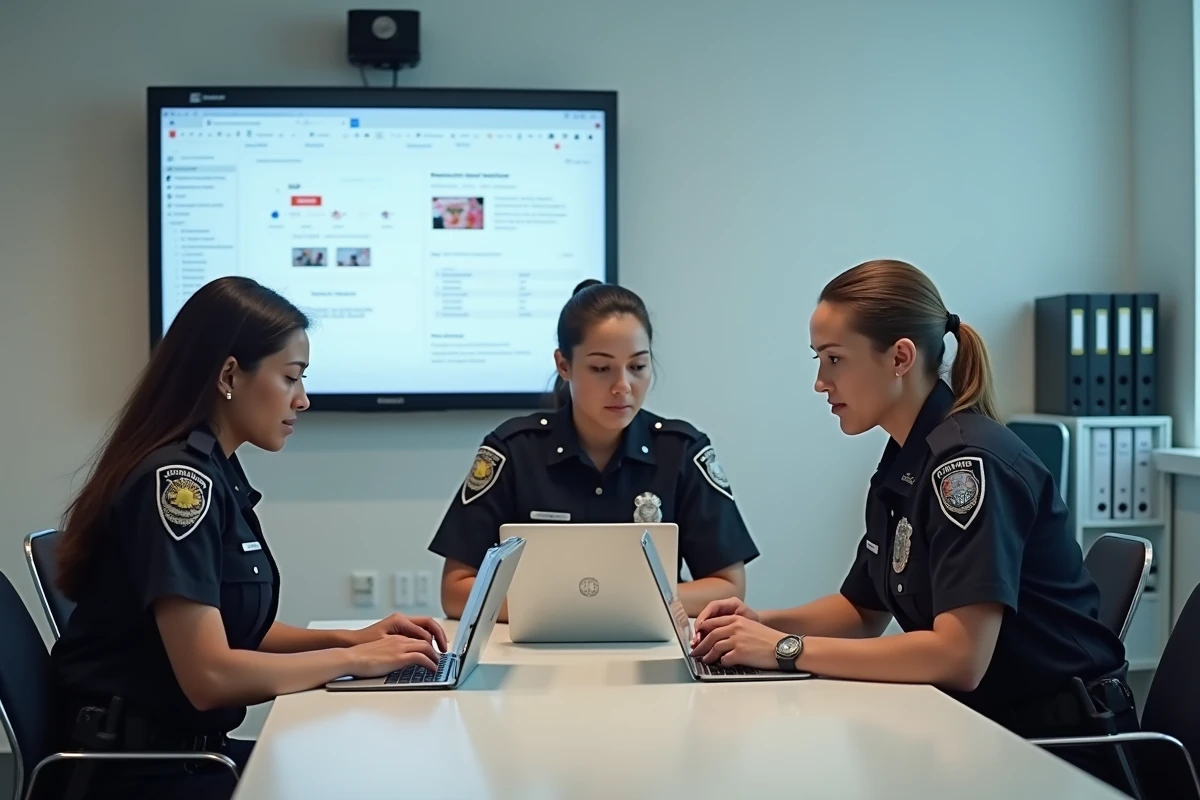 Groupe de stagiaires en police participant à une session de formation continue numérique autour d'une table de réunion