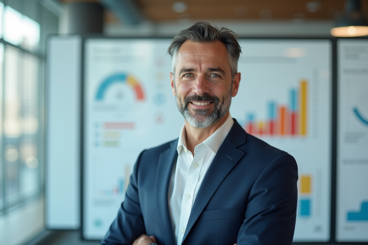 Homme confiant avec tableau de graphiques en réunion