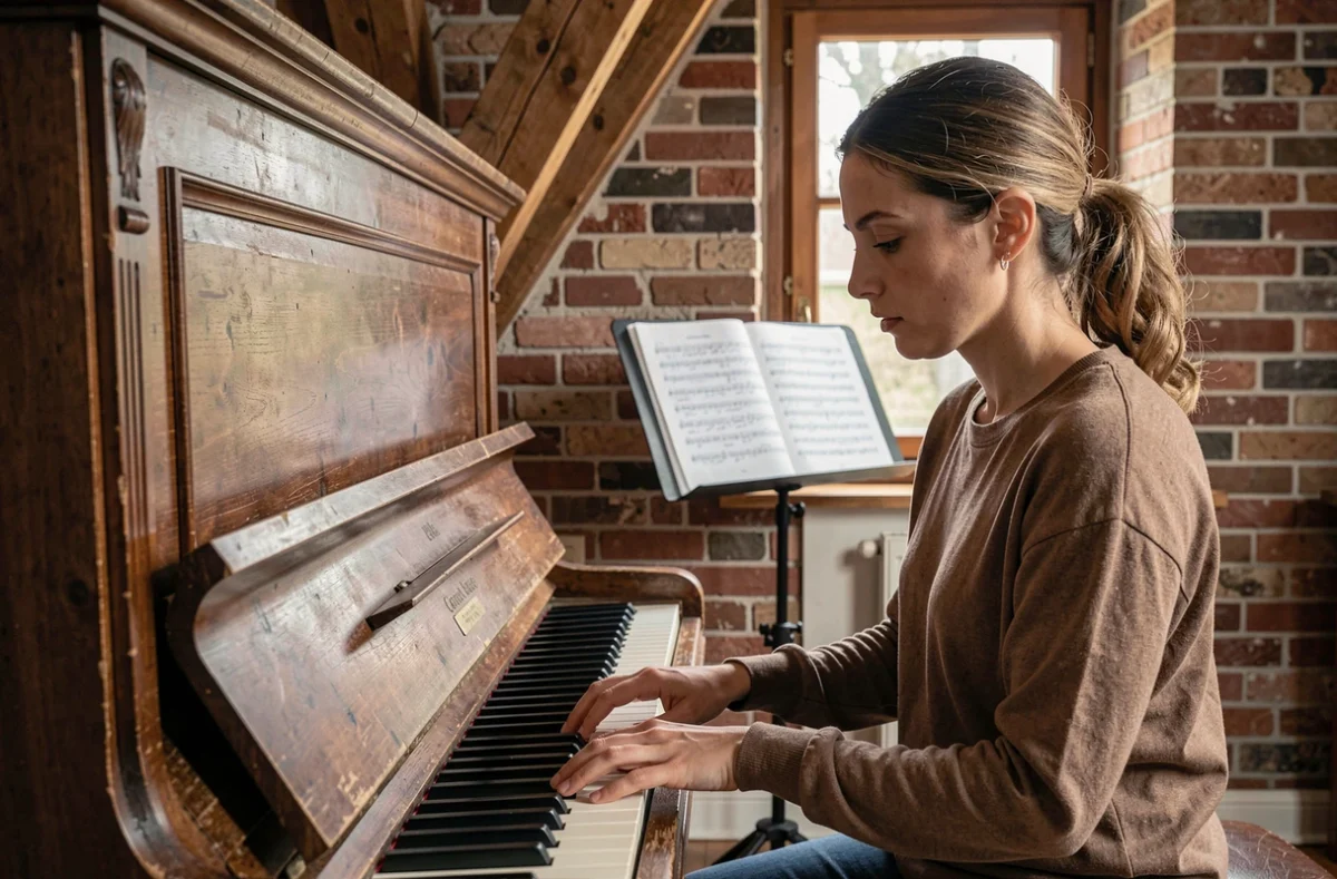 Une musicienne en plein cours de piano dans une salle d'enseignement de Studio Capitale