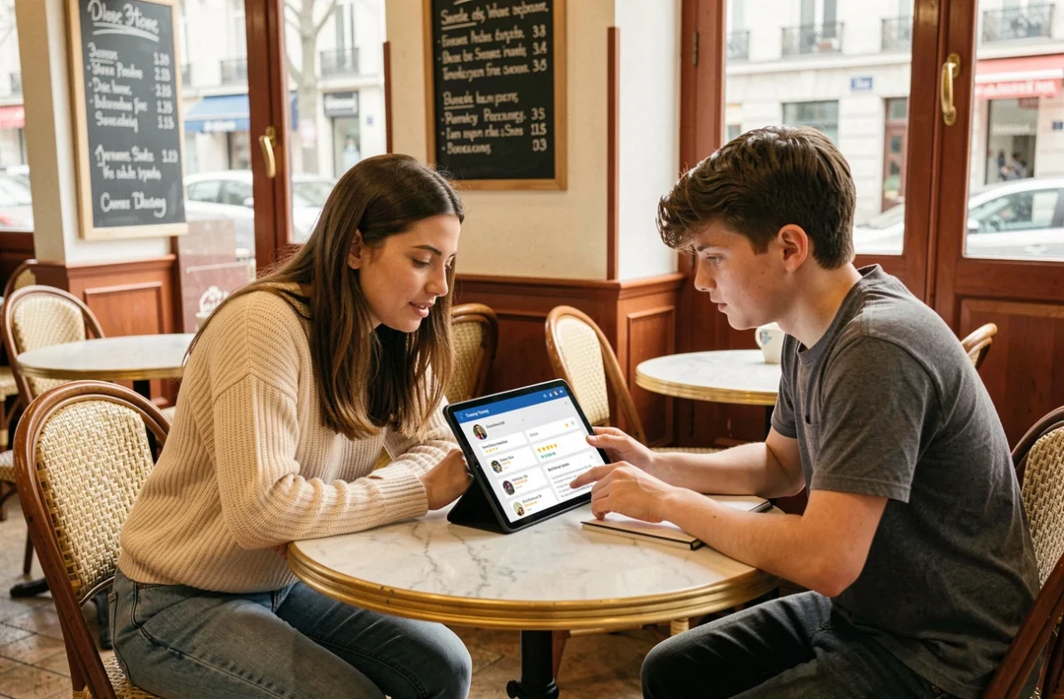 Séance de tutorat entre particuliers via Superprof dans un café de quartier, tutrice et étudiant consultant un profil en ligne sur tablette