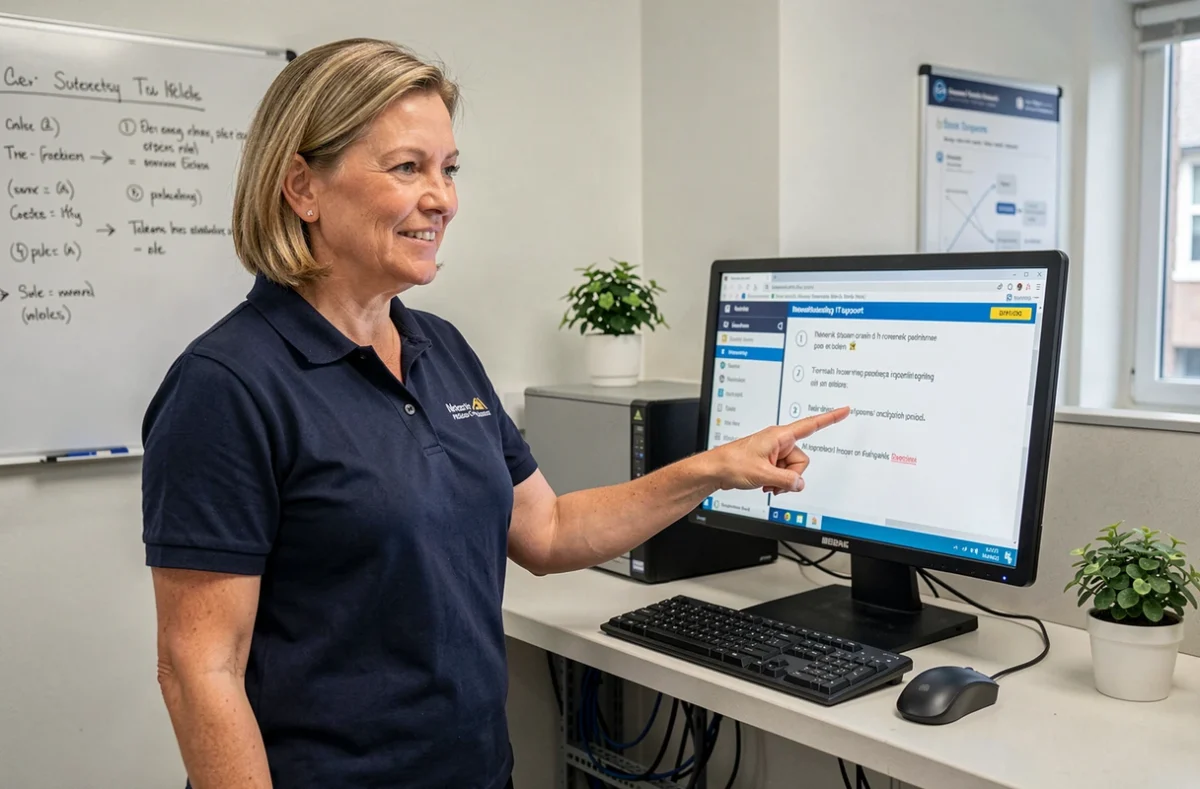 Technicienne informatique d'un campus universitaire aidant à résoudre un problème de connexion réseau