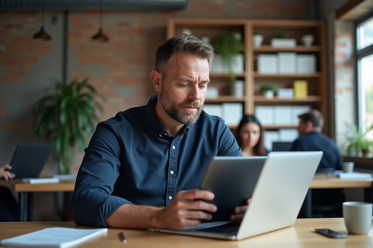 Homme synchronisant son compte Afpa metisse sur une tablette et un ordinateur portable dans un espace de coworking avec des murs en briques apparentes