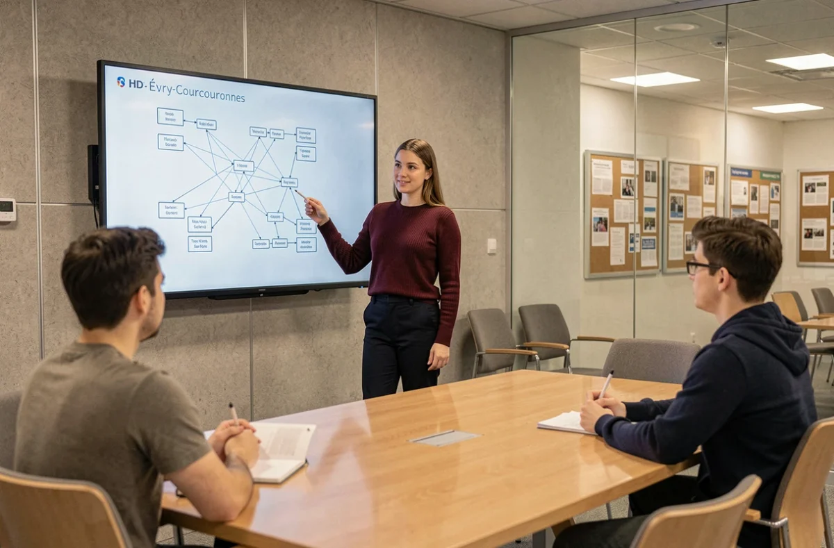 Étudiante présentant un diagramme réseau lors d'un cours à Télécom SudParis en Essonne