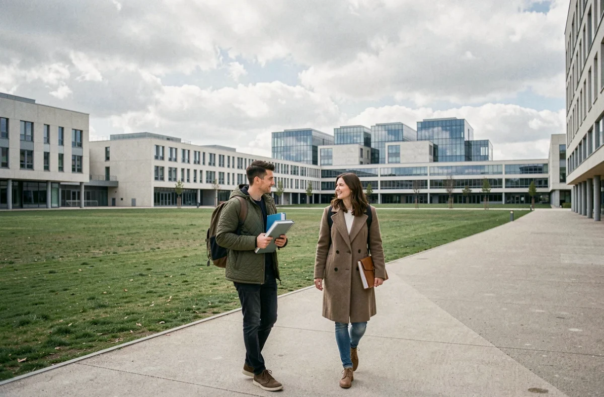 Étudiants en Licence et Master Informatique se promenant sur le campus de l'Université Paris-Saclay en Essonne